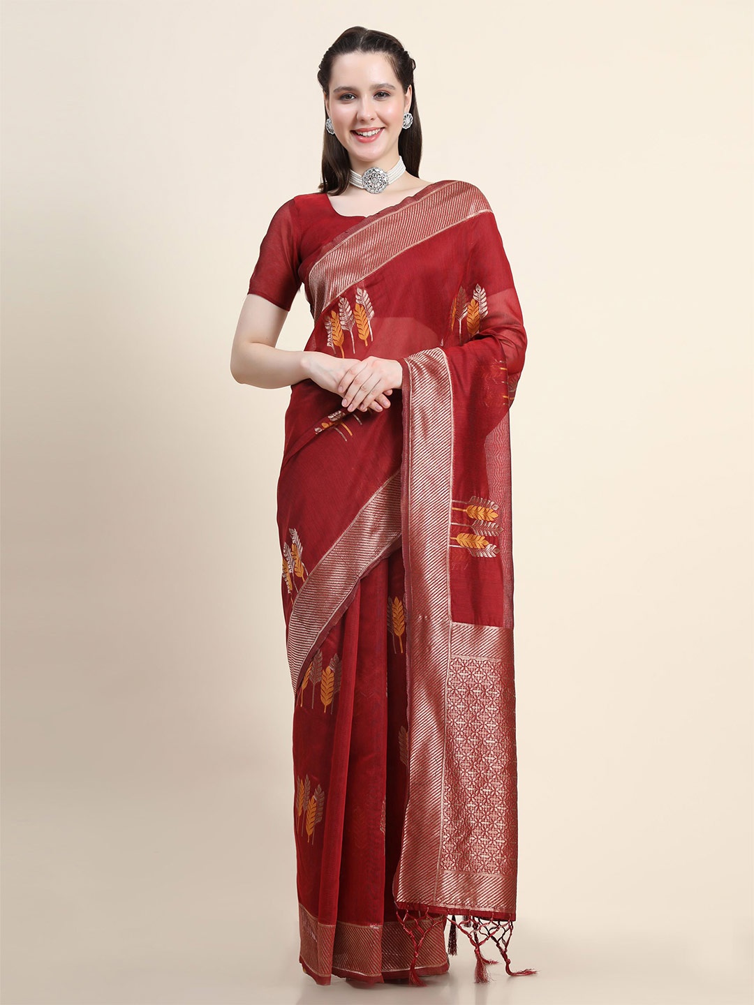 

HERE&NOW Woven Design Zari Silk Blend Saree, Red