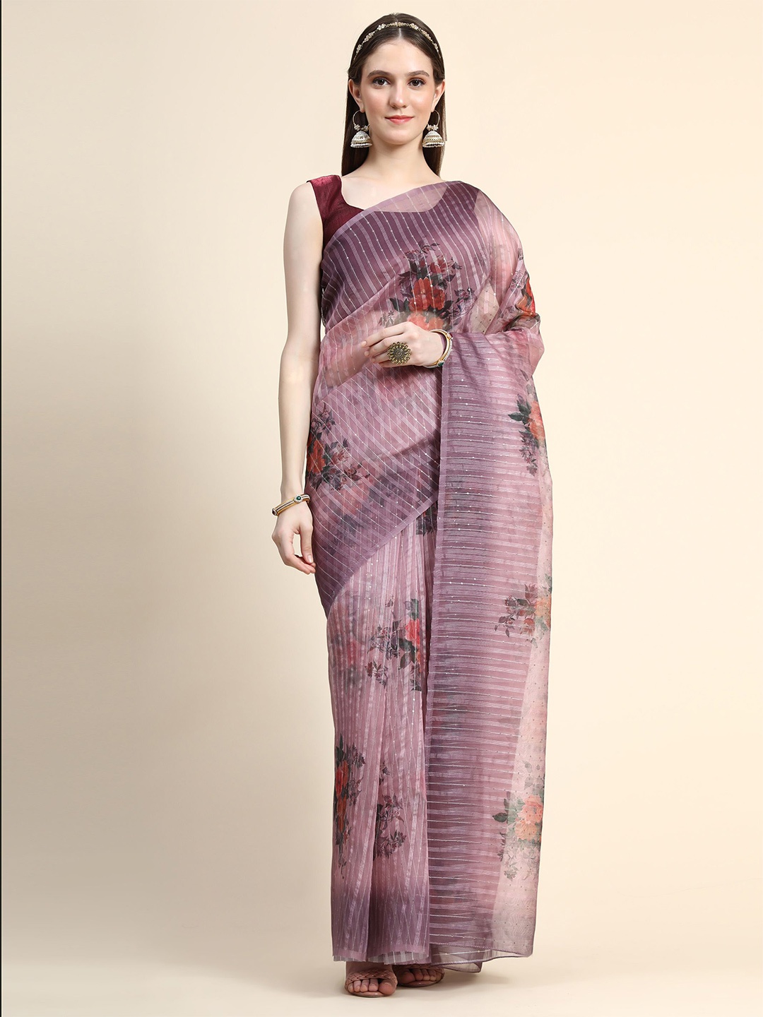

HERE&NOW Purple & Red Floral Printed Sequinned Organza Silk Saree