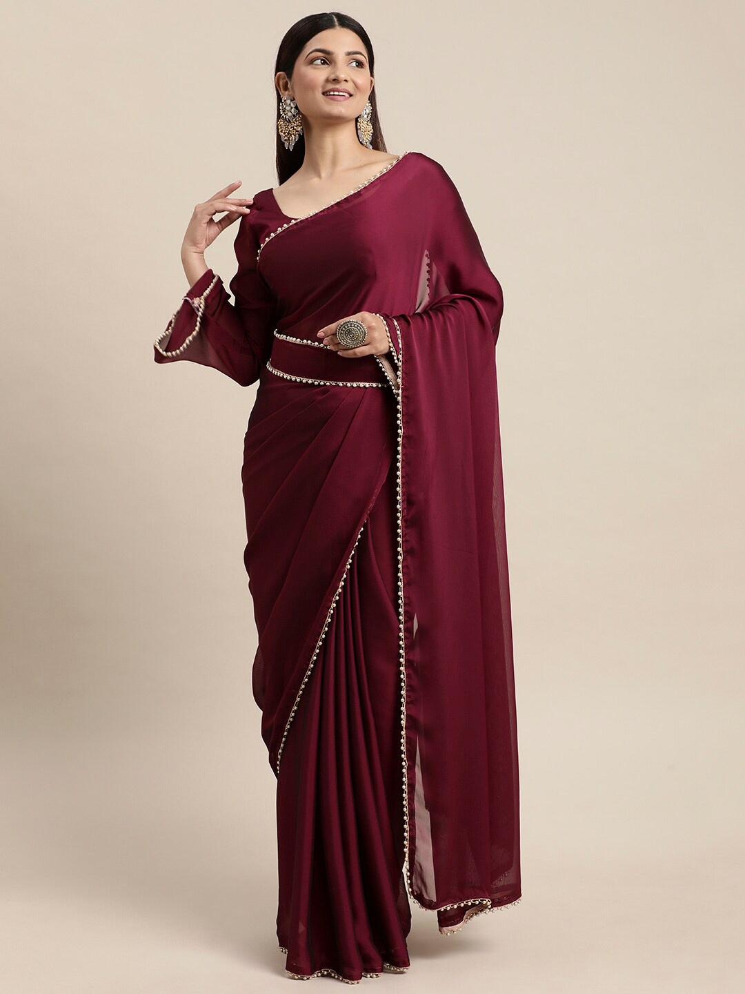 

HERE&NOW Beads and Stones Lace Border Saree, Burgundy