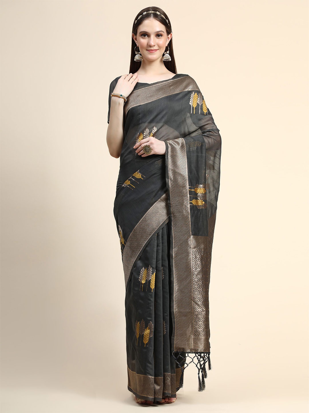 

HERE&NOW Woven Design Zari Silk Blend Saree, Grey