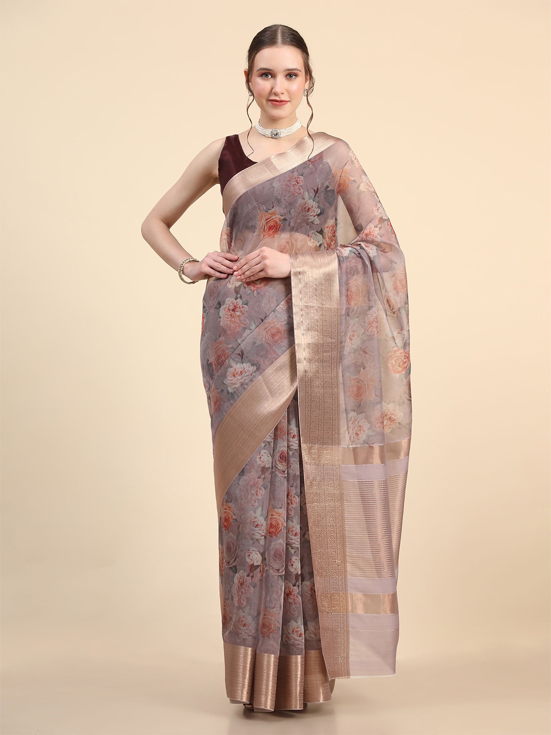

HERE&NOW Floral Printed Zari Organza Saree, Brown