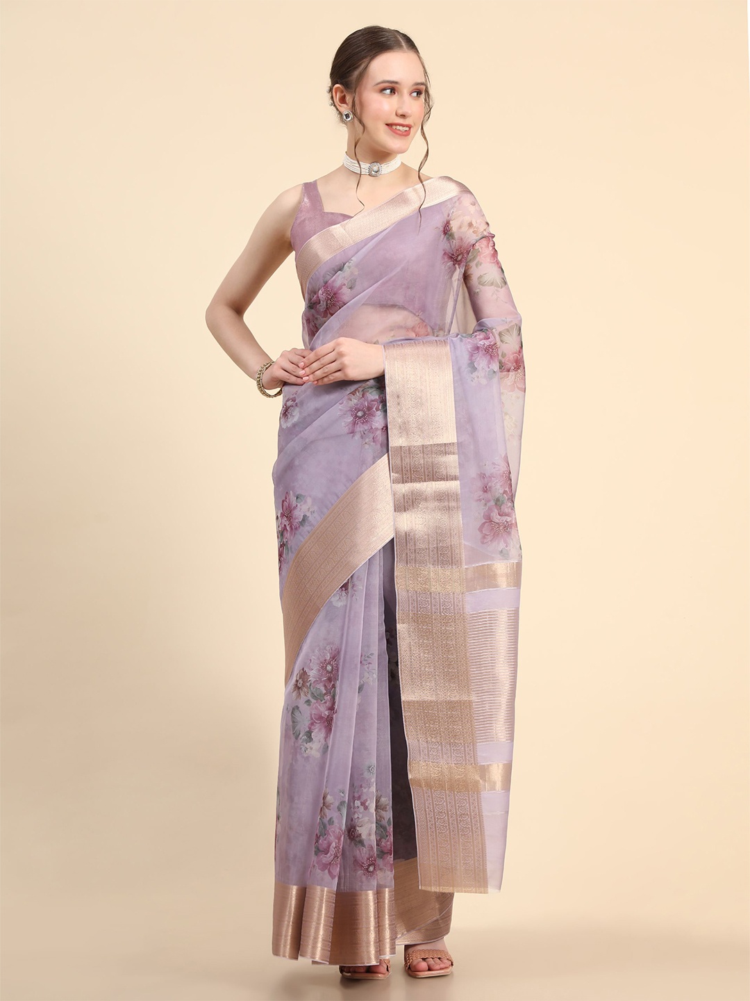 

HERE&NOW Lavender & Pink Floral Printed Organza Silk Saree