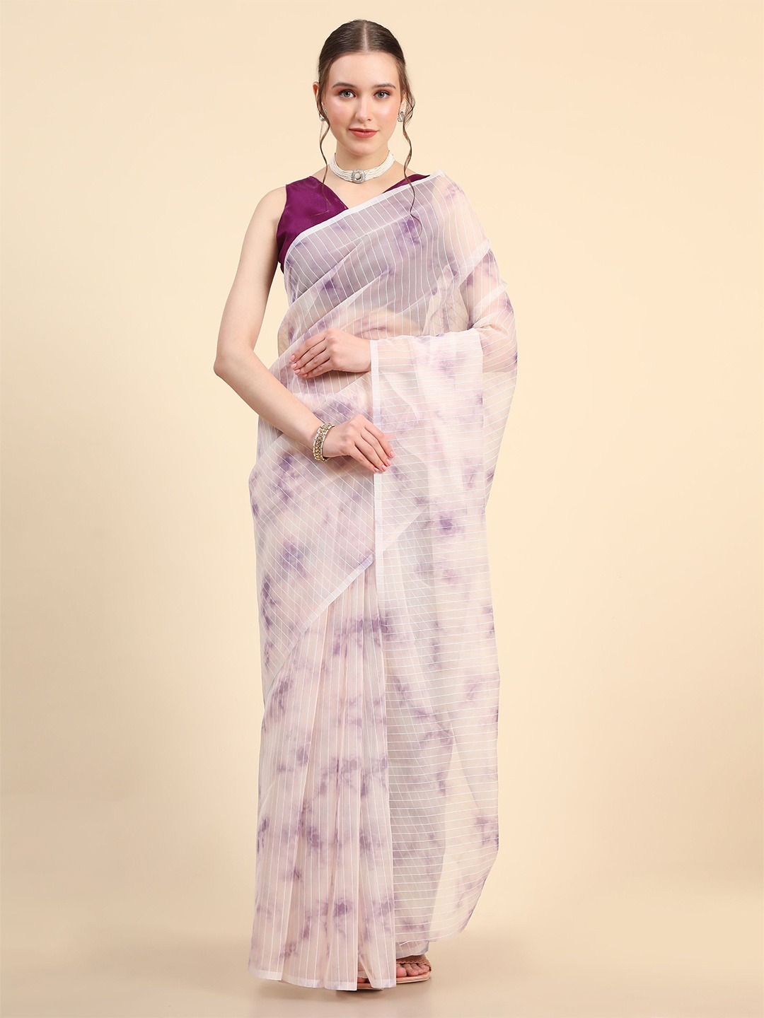 

HERE&NOW Tie and Dye Organza Saree, Purple