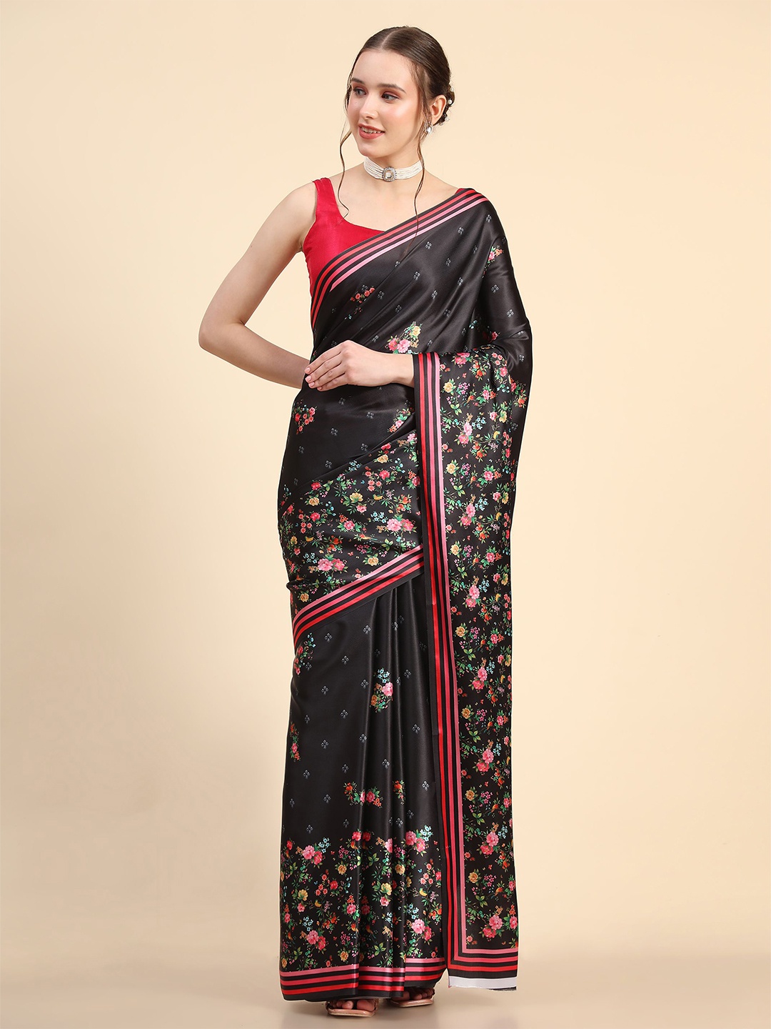 

HERE&NOW Floral Printed Satin Saree, Black