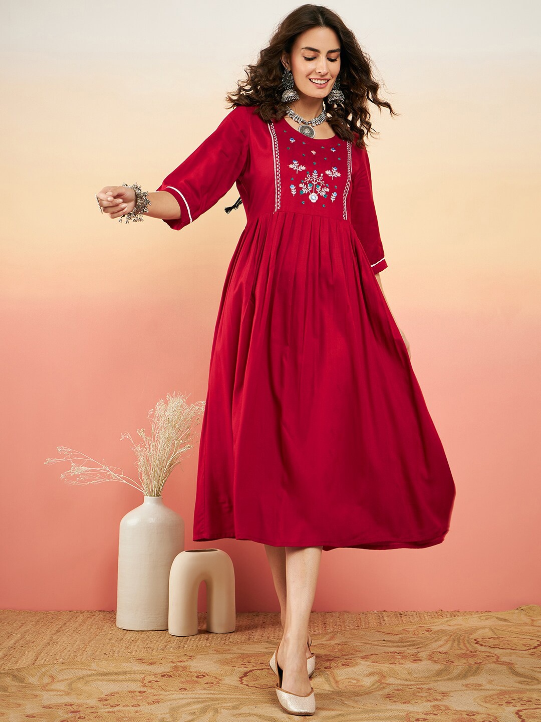 

Sangria Floral Embroidered Fit & Flared Dress, Red