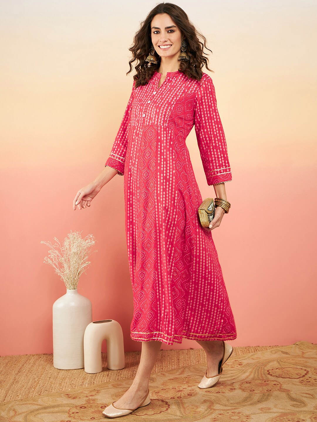 

Sangria Ethnic Motifs Printed A-Line Ethnic Dress, Pink
