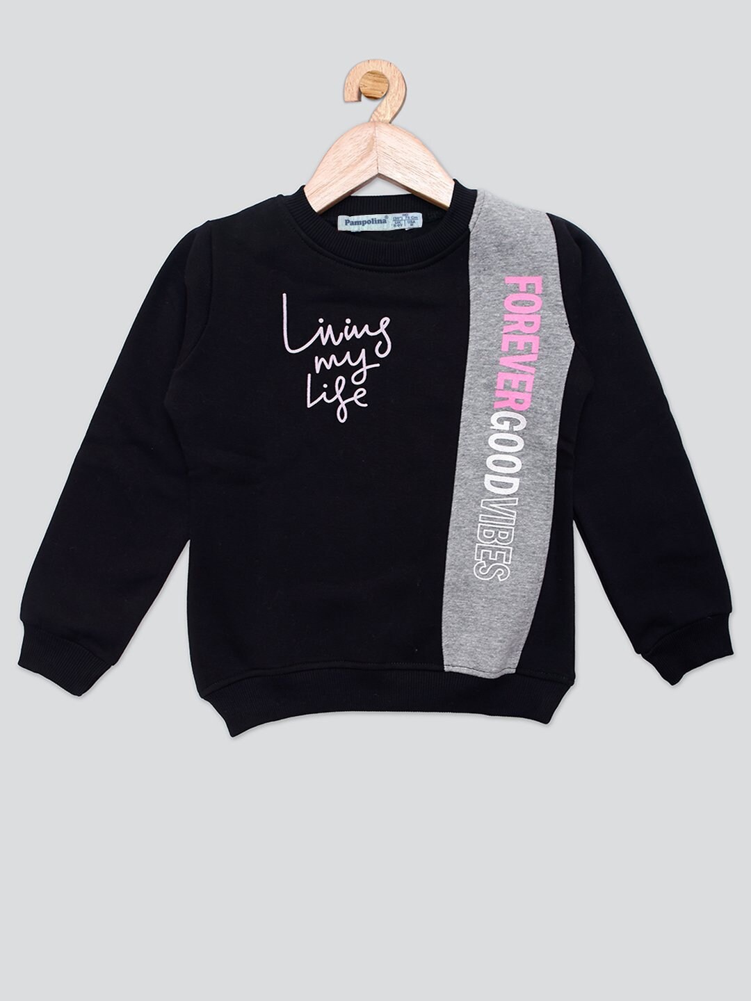 

PAMPOLINA Girls Typography Printed Fleece Pullover, Black