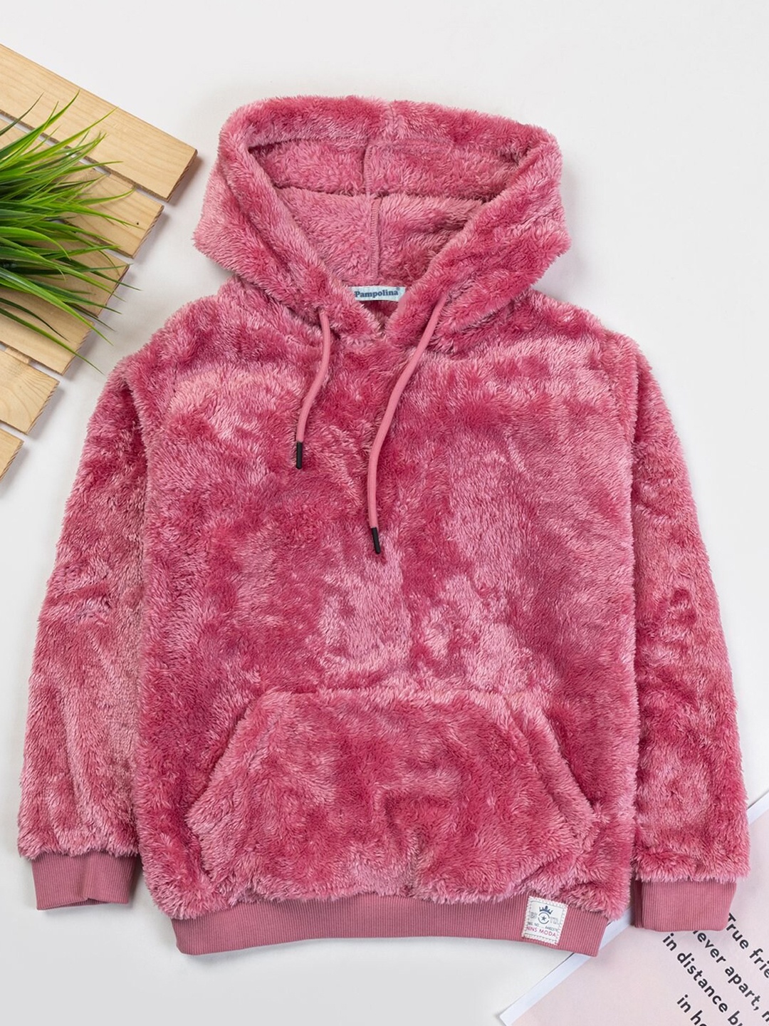

PAMPOLINA Girls Self Design Hooded Fleece Pullover, Pink