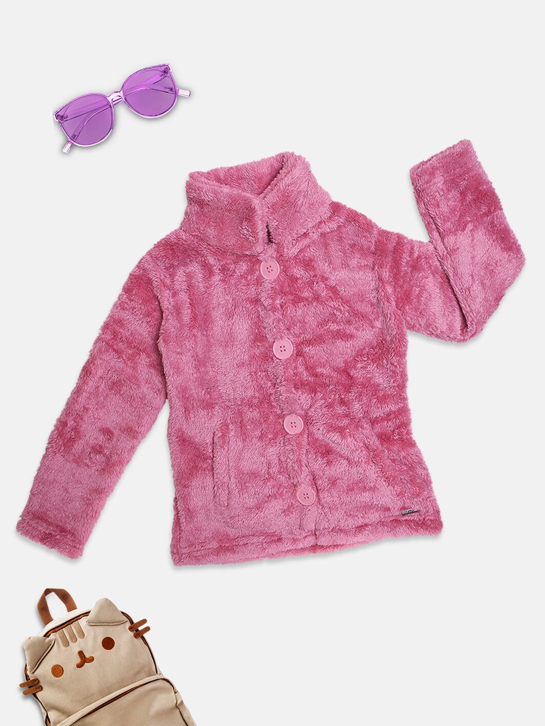 

PAMPOLINA Girls Self Design Sand Collar Fleece Front-Open Sweatshirt, Pink