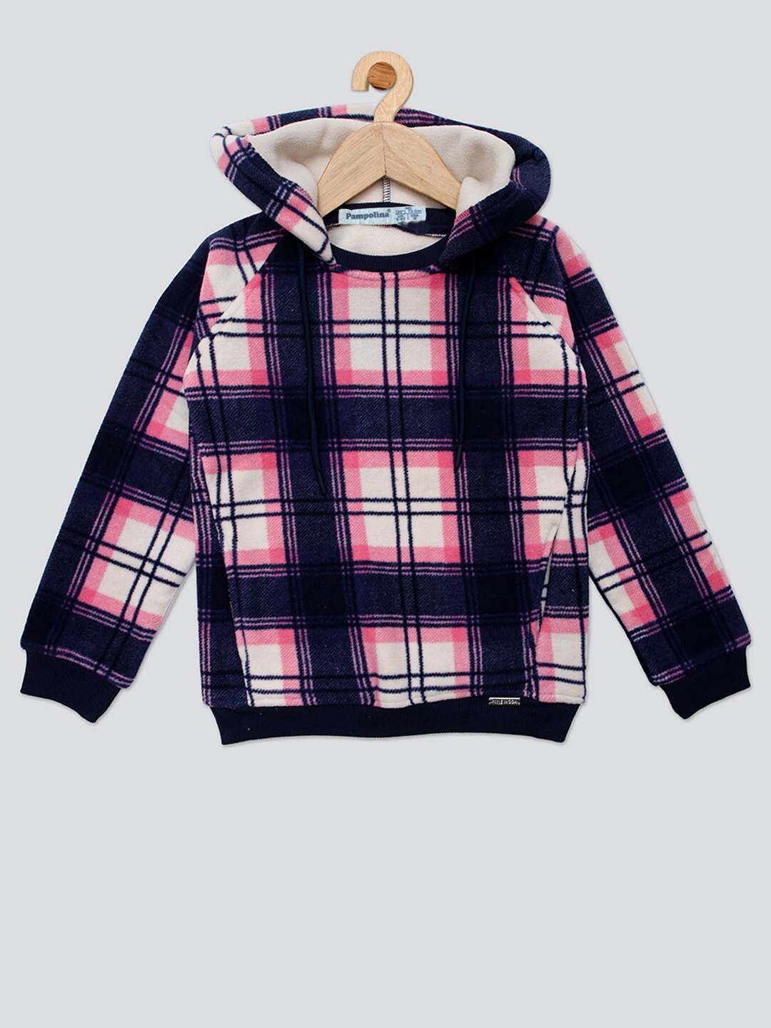 

PAMPOLINA Girls Checked Hooded Fleece Pullover, Navy blue