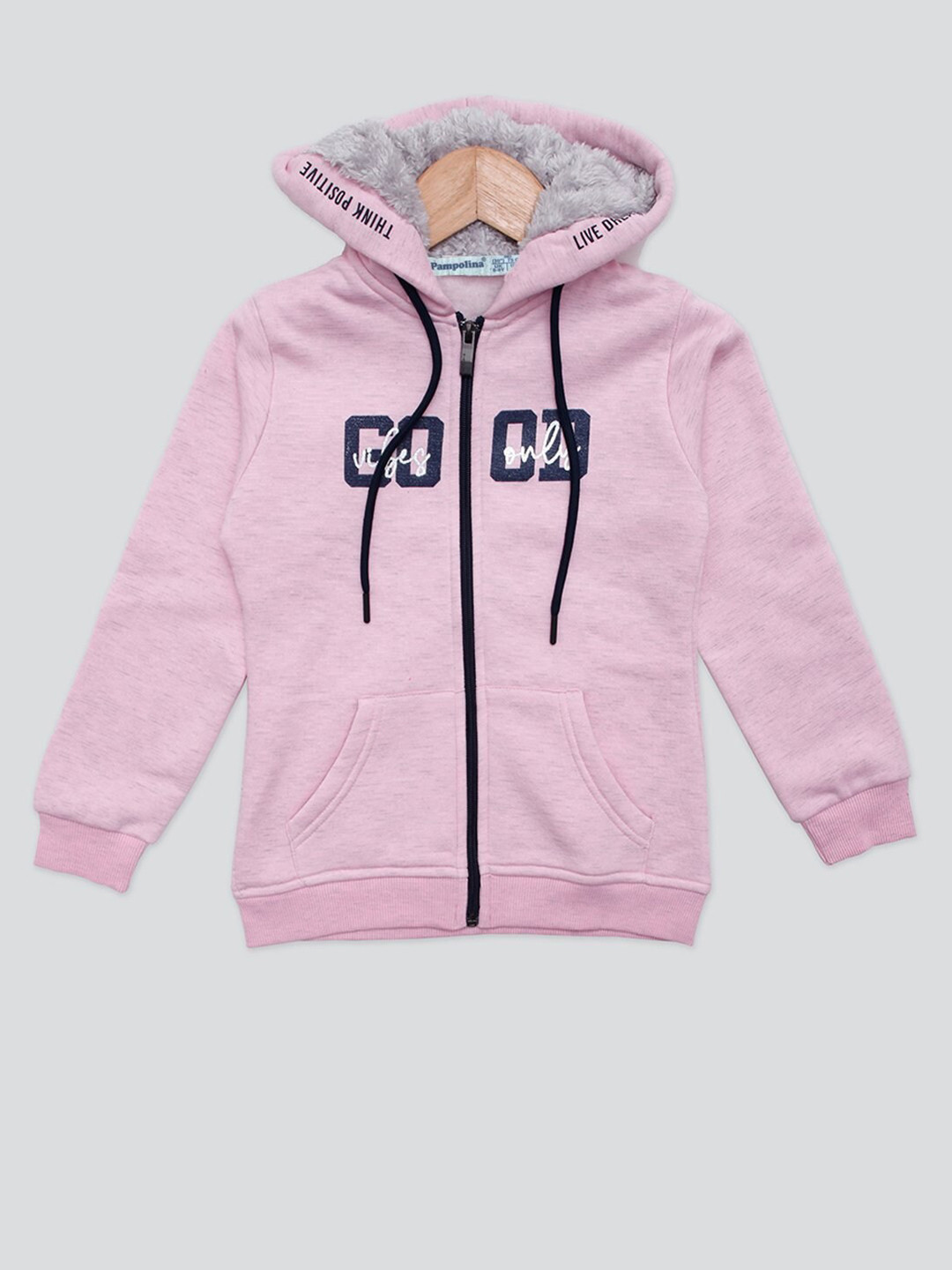 

PAMPOLINA Girls Typography Printed Hooded Fleece Front-Open Sweatshirt, Pink