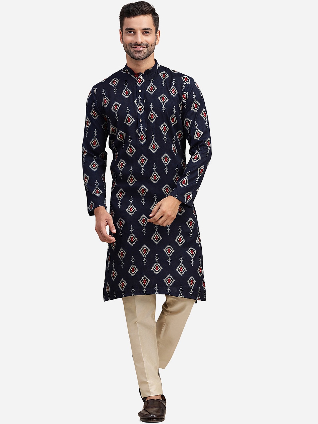 

THE KURTA COMPANY Ethnic Motifs Printed Band Collar Cotton Regular Kurta, Blue