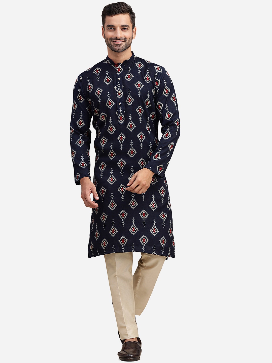 

THE KURTA COMPANY Ethnic Motifs Printed Band Collar Cotton Regular Kurta, Blue