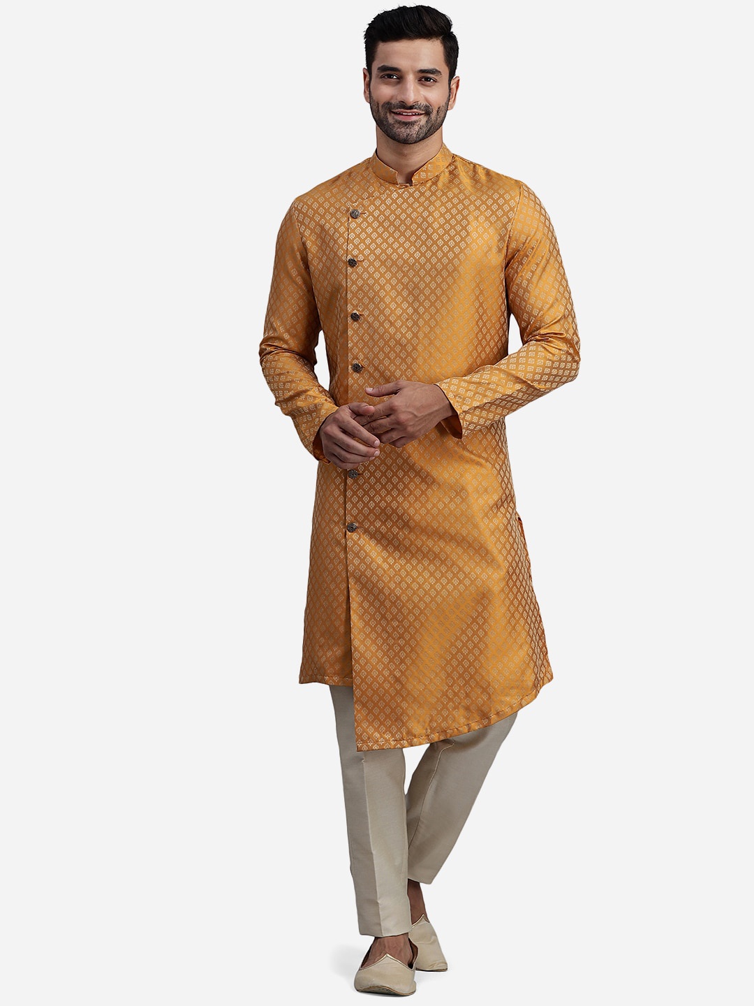 

THE KURTA COMPANY Ethnic Motifs Woven Design Mandarin Collar Jacquard Angrakha Kurta, Mustard
