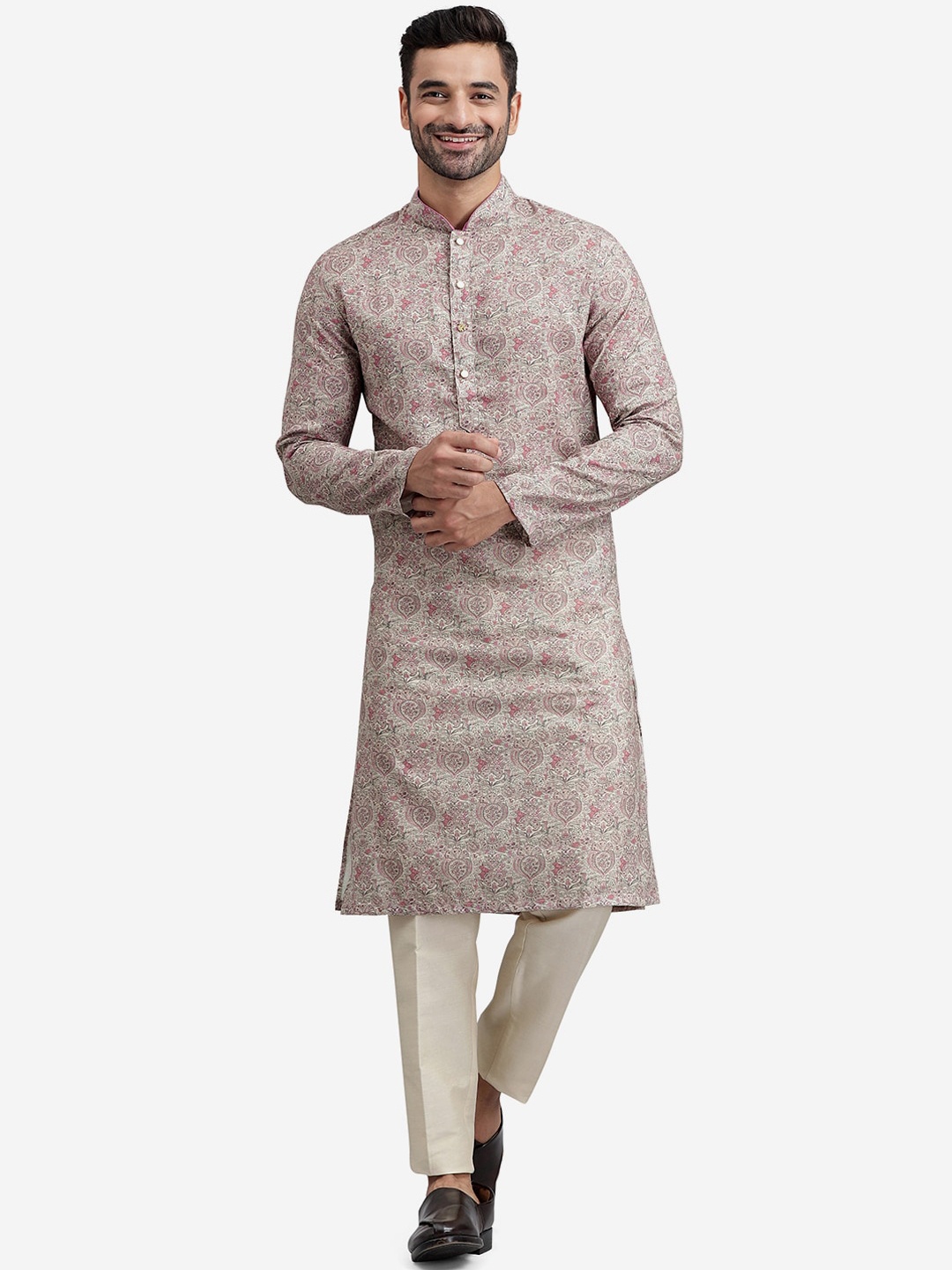 

THE KURTA COMPANY Ethnic Motifs Printed Mandarin Collar Straight Kurta, Pink