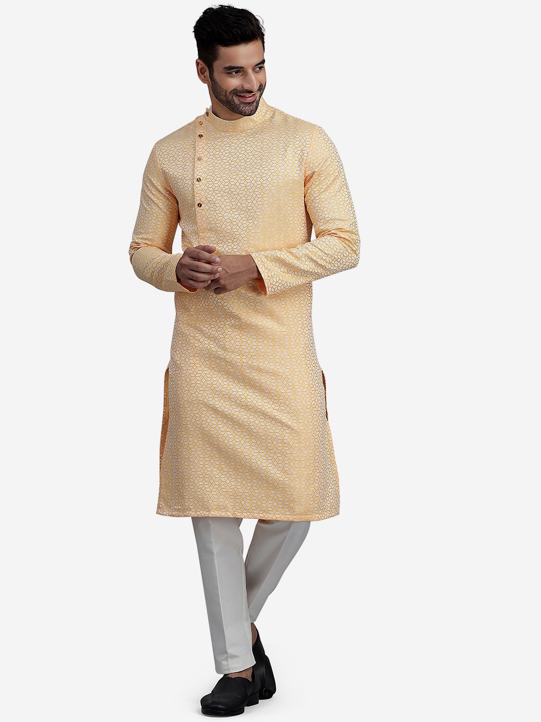 

THE KURTA COMPANY Geometric Woven Design Straight Jacquard Kurta, Yellow