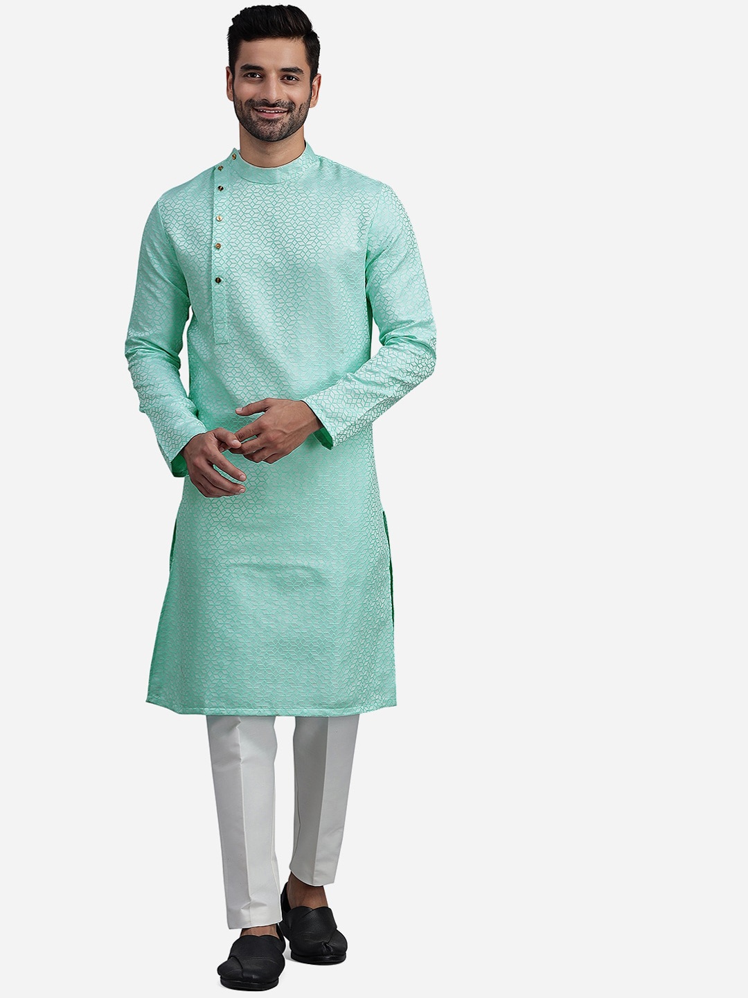 

THE KURTA COMPANY Ethnic Motifs Woven Design Mandarin Collar Jacquard Regular Kurta, Green