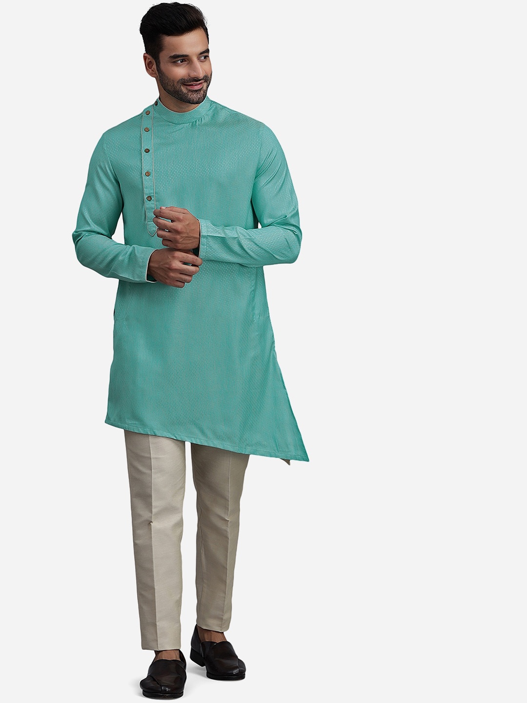 

THE KURTA COMPANY Woven Design Band Collar Straight Silk Kurta, Green