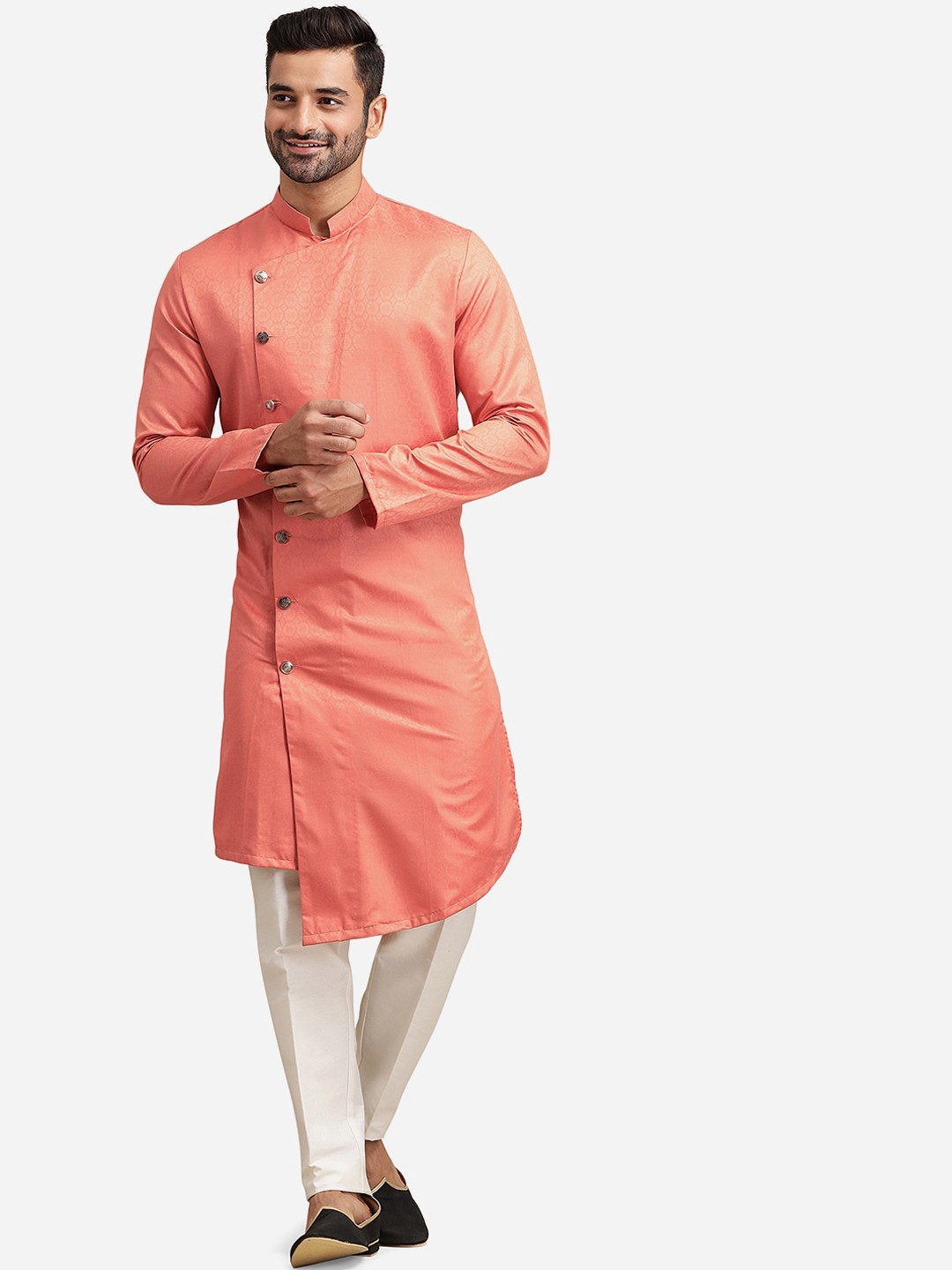 

THE KURTA COMPANY Woven Design Mandarin Collar Long Sleeve Angrakha Silk Kurta, Pink