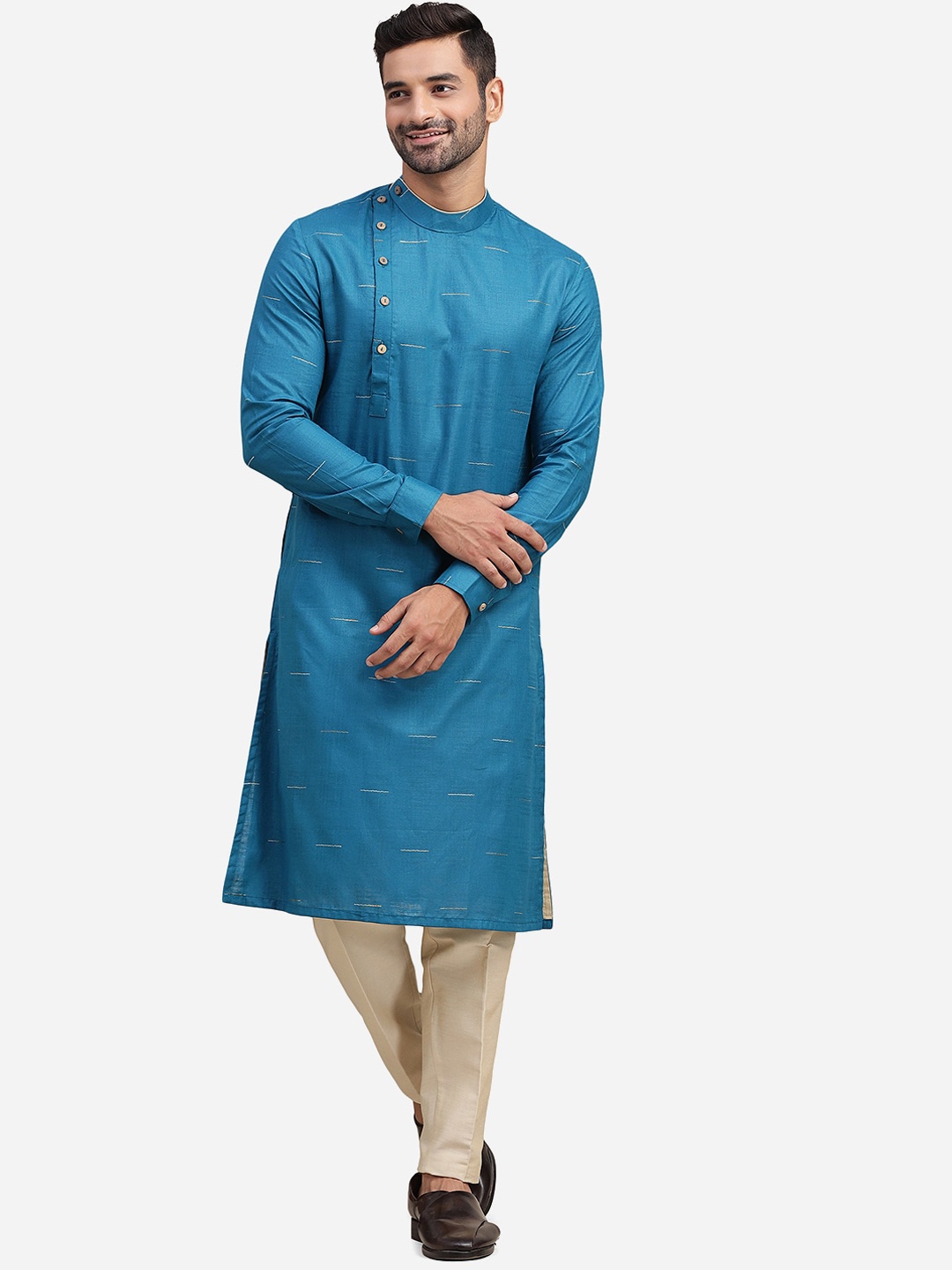 

THE KURTA COMPANY Striped Woven Design Mandarin Collar Straight Kurta, Blue