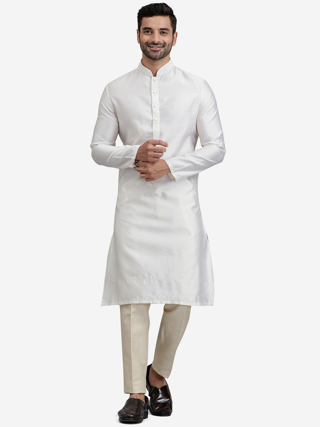 

THE KURTA COMPANY Silk Mandarin Collar Straight Kurta, White