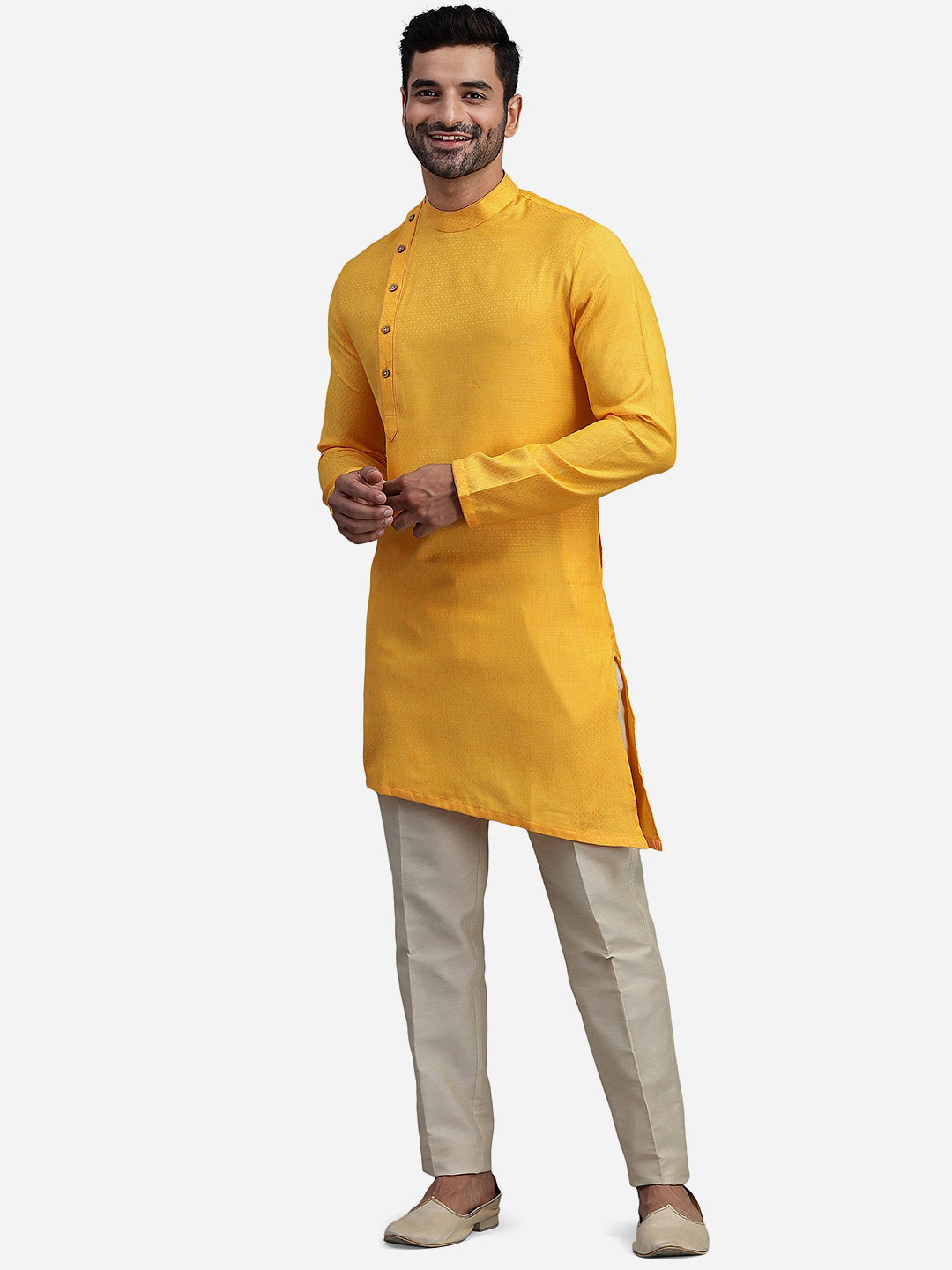 

THE KURTA COMPANY Mandarin Collar Angrakha Kurta, Yellow