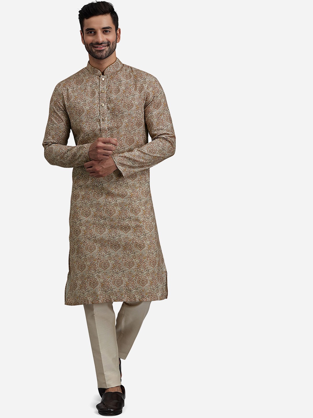 

THE KURTA COMPANY Ethnic Motifs Printed Mandarin Collar Kurta, Brown