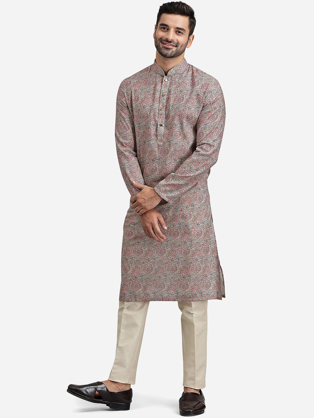 

THE KURTA COMPANY Printed Cotton Mandarin Collar Kurta, Beige
