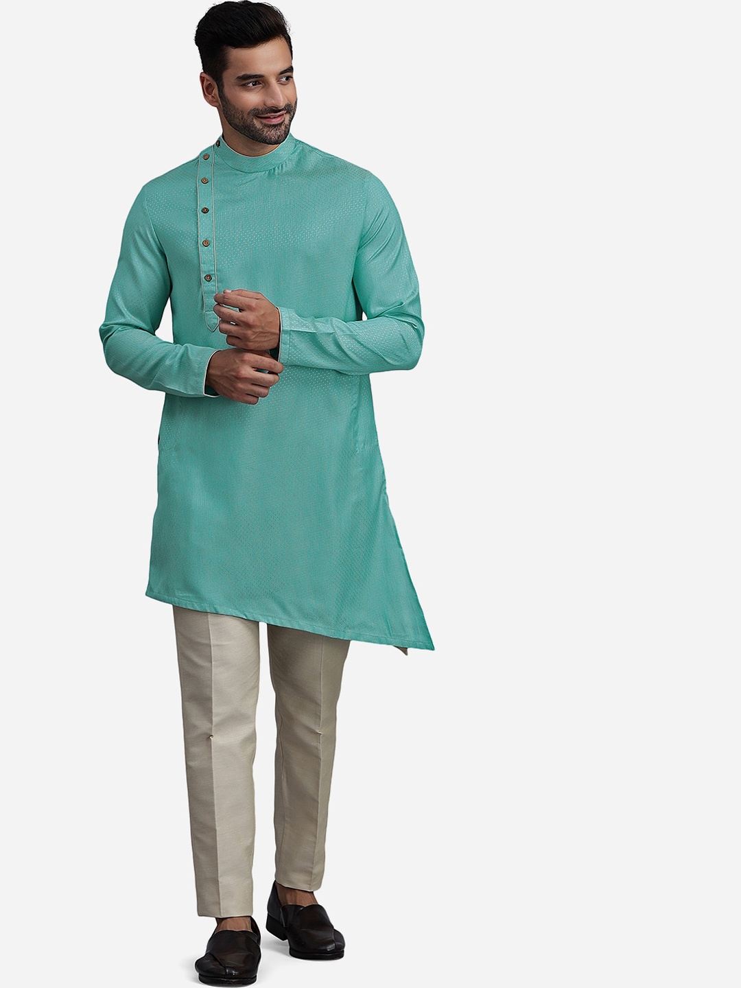 

THE KURTA COMPANY Self Designed Mandarin Collar Silk Kurta, Blue