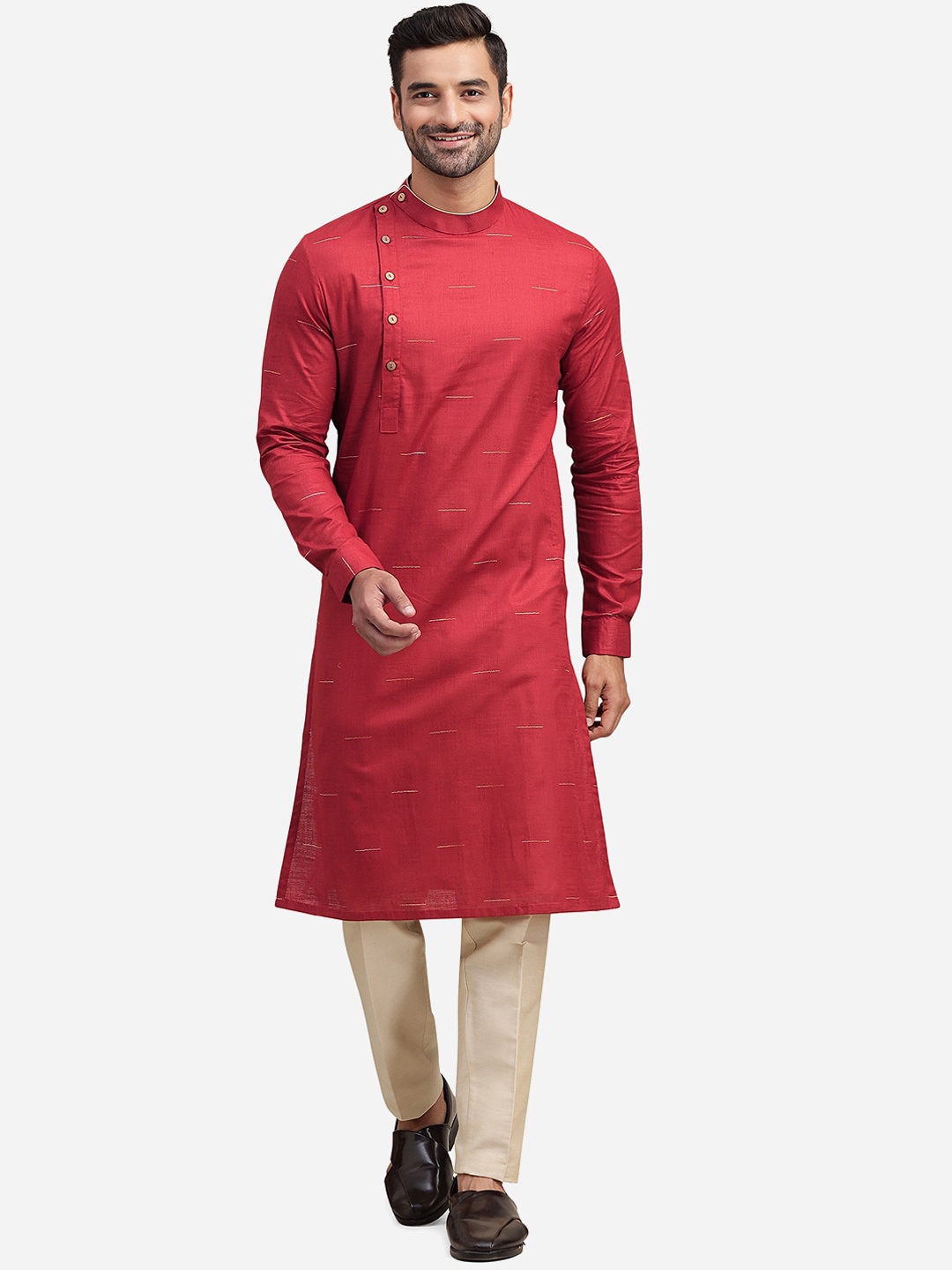 

THE KURTA COMPANY Band Collar Thread Work Angrakha Kurta, Orange