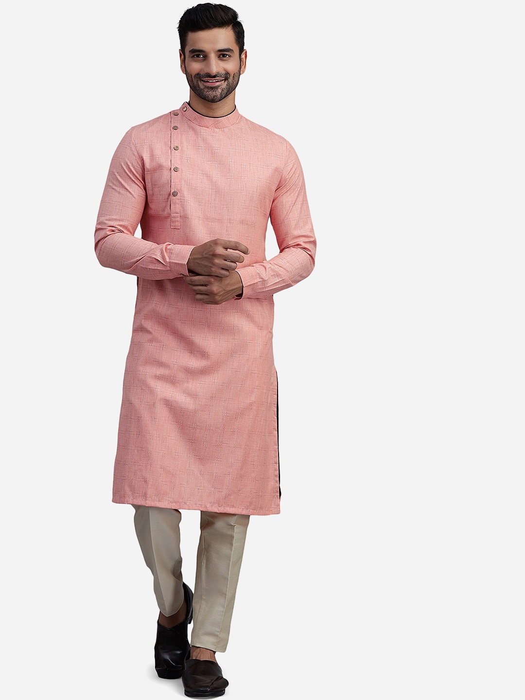 

THE KURTA COMPANY Mandarin Collar Thread Work Cotton Kurta, Peach