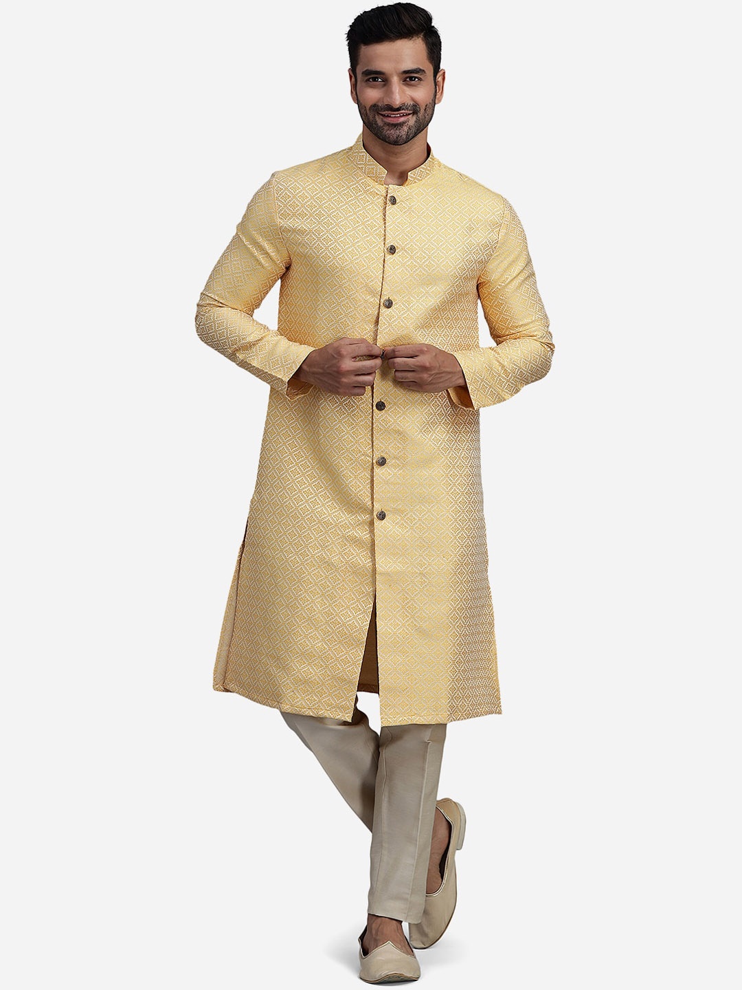 

THE KURTA COMPANY Woven Design Mandarin Collar Long Sleeve Kurta, Yellow