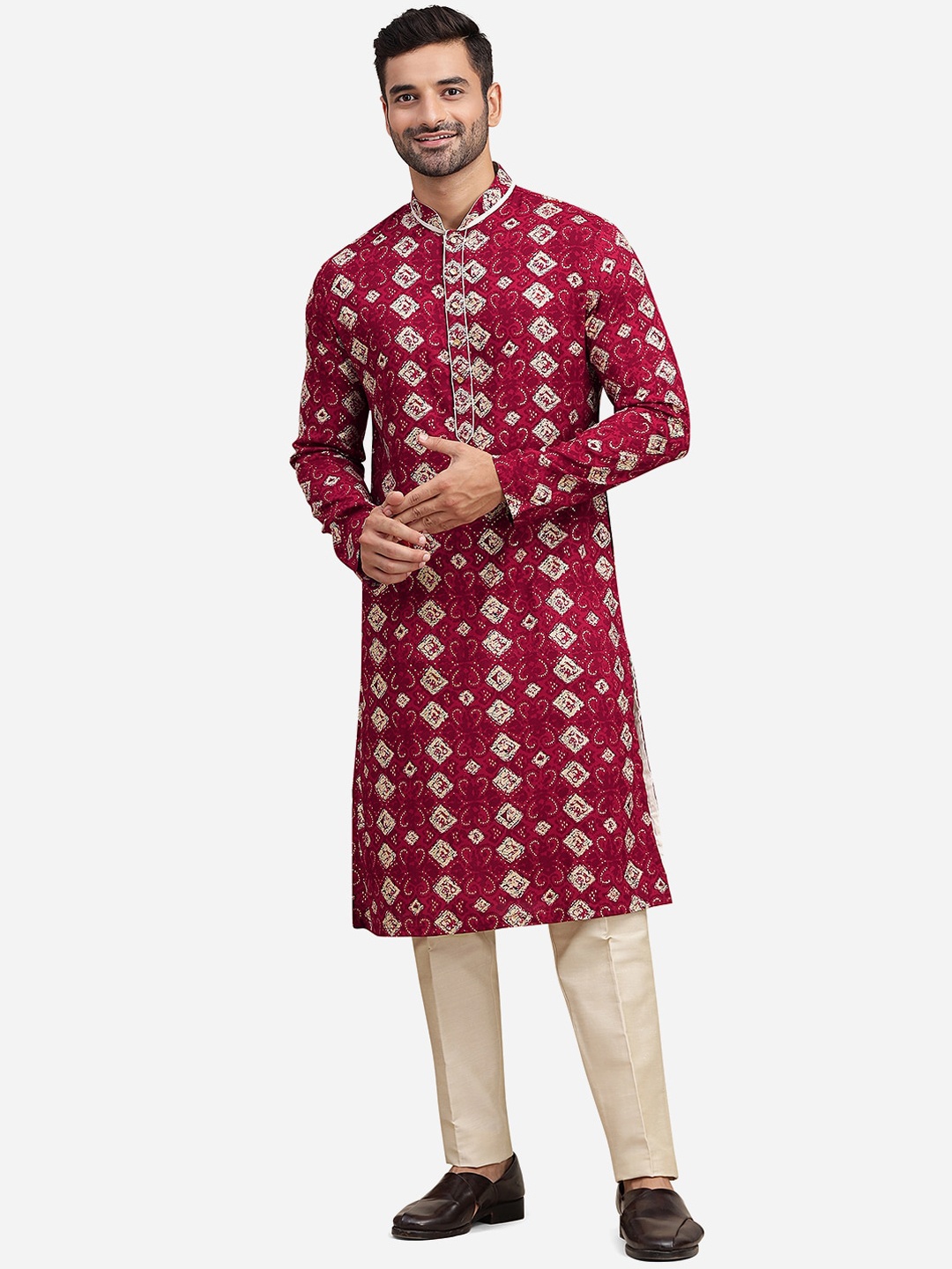 

THE KURTA COMPANY Geometric Printed Mandarin Collar Regular Kurta, Red