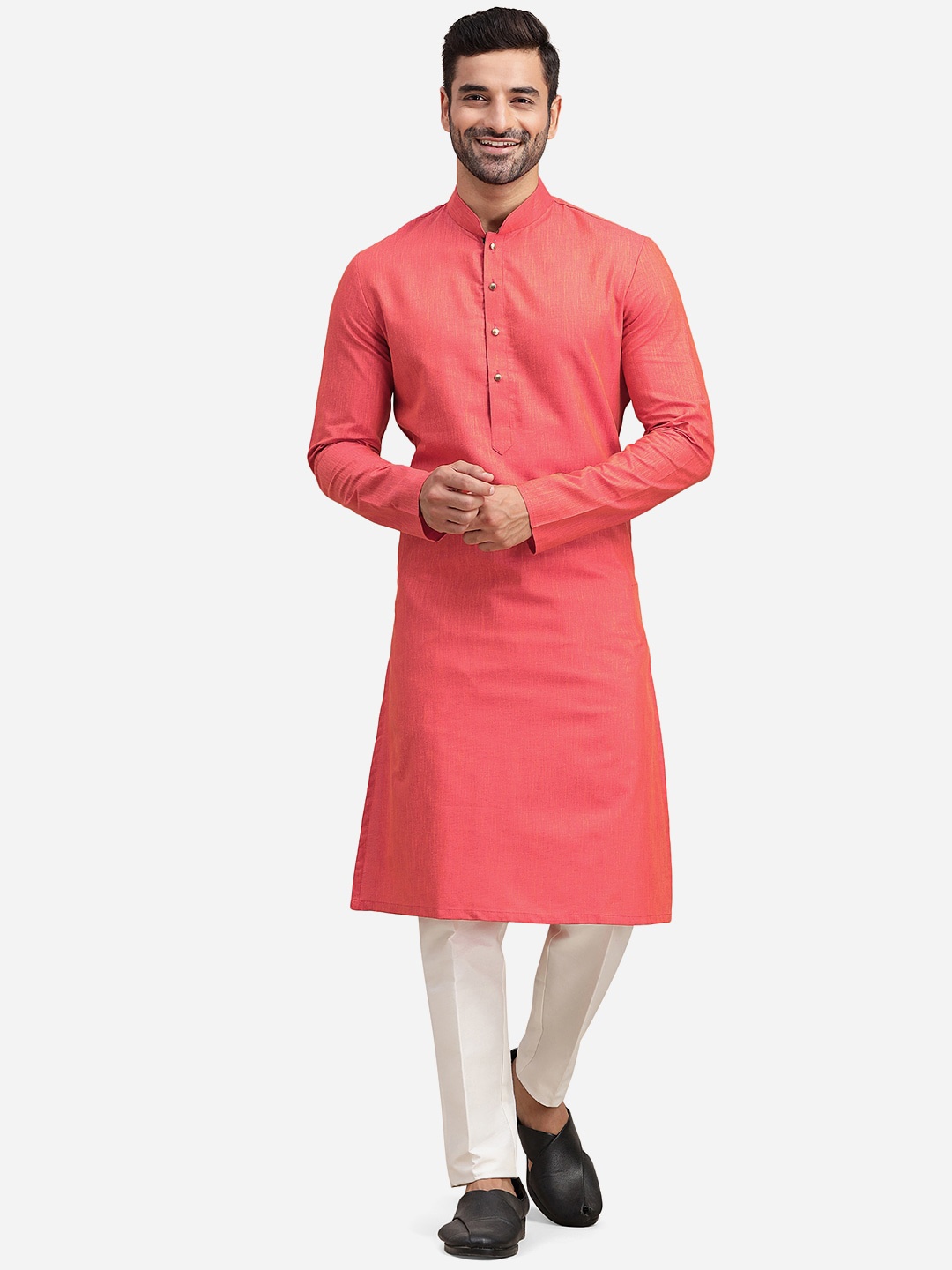 

THE KURTA COMPANY Mandarin Collar Regular Fit Straight Kurta, Peach