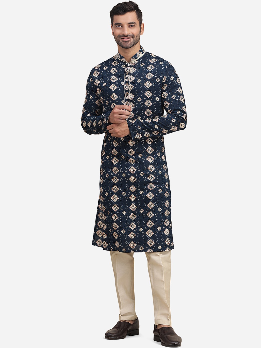 

THE KURTA COMPANY Ethnic Motifs Printed Mandarin Collar Straight Kurta, Blue