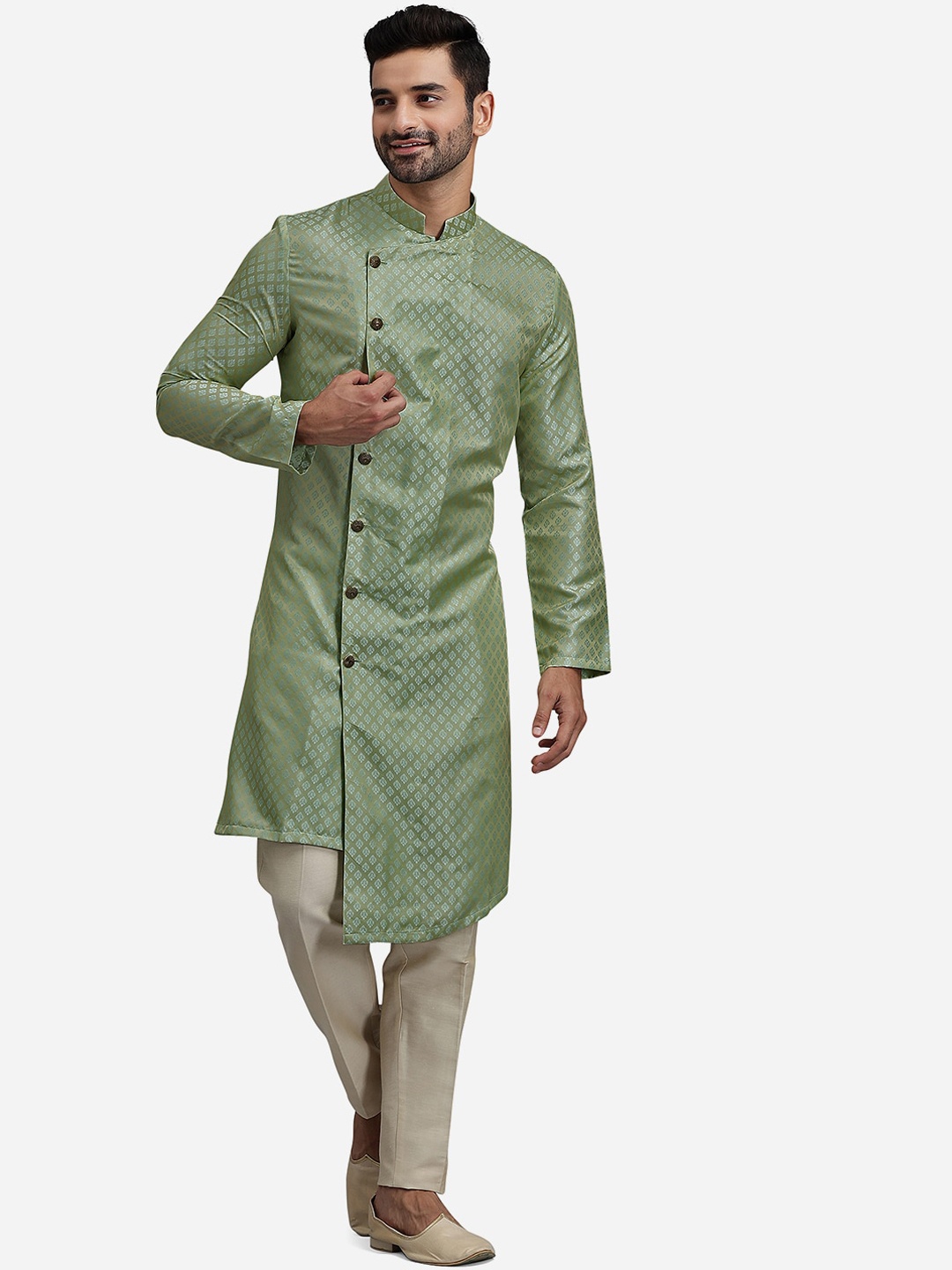 

THE KURTA COMPANY Ethnic Motifs Woven Design Mandarin Collar Pure Jacquard Angrakha Kurta, Green