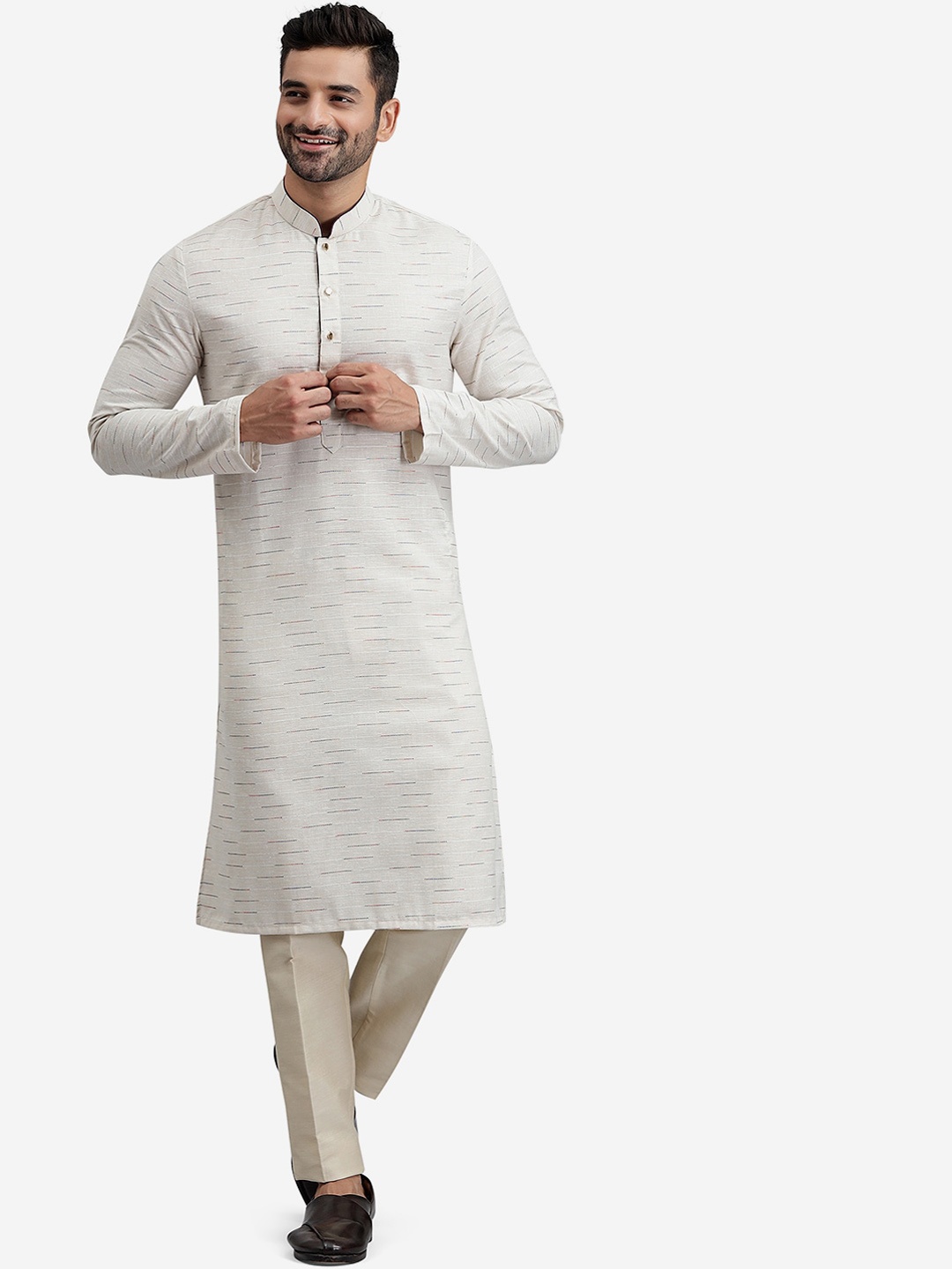 

THE KURTA COMPANY Woven Design Mandarin Collar Straight Kurta, Grey
