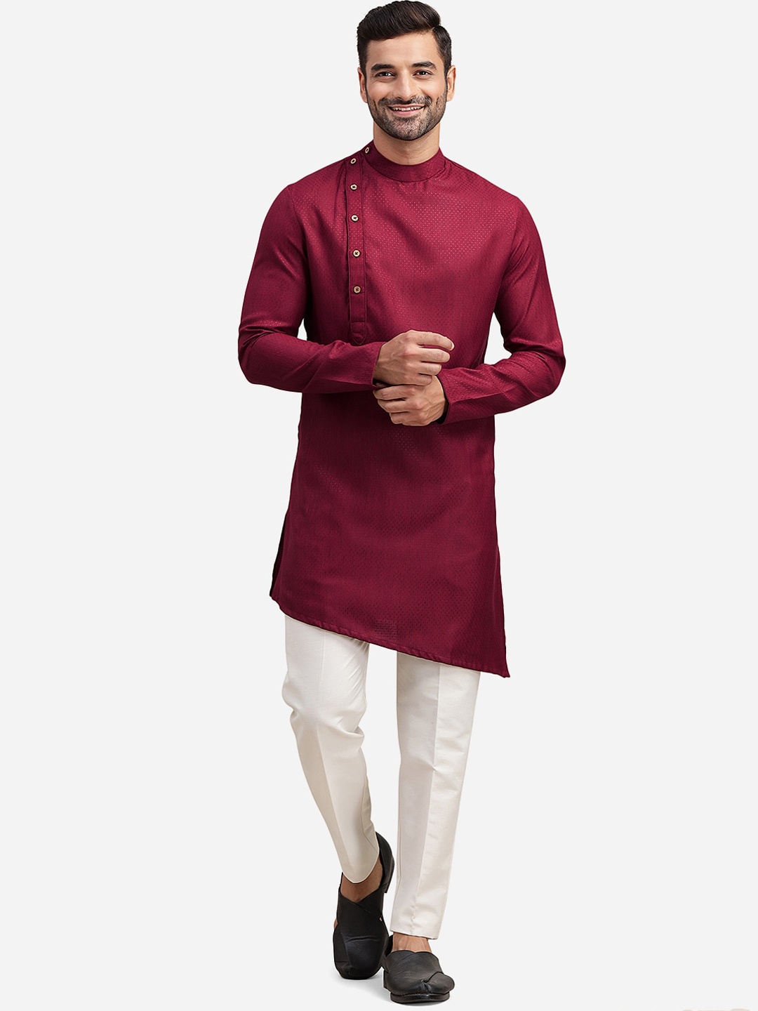 

THE KURTA COMPANY Ethnic Motifs Woven Design Mandarin Collar Angrakha Kurta, Maroon