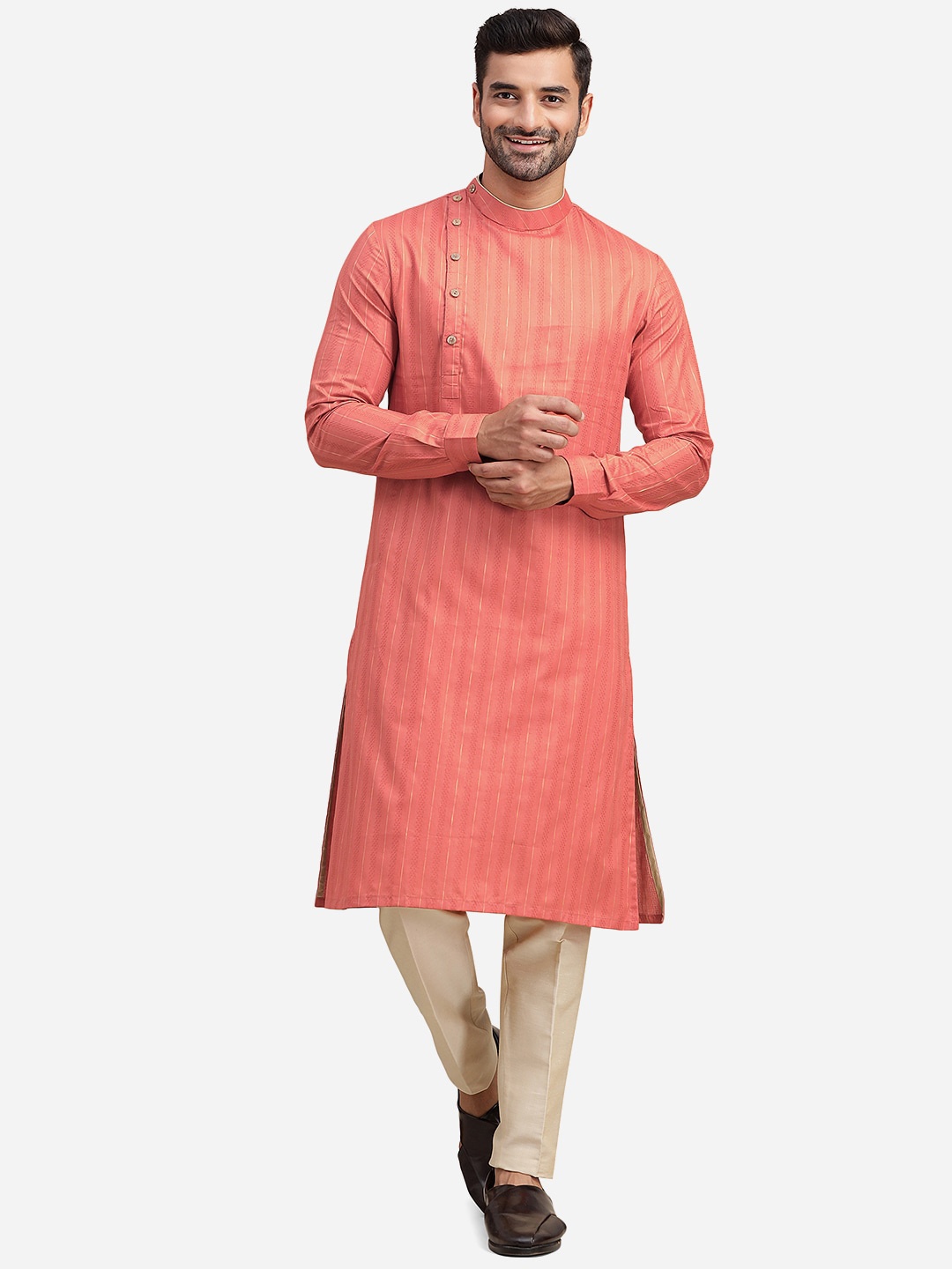 

THE KURTA COMPANY Band Collar Striped Cotton Straight Kurta, Peach