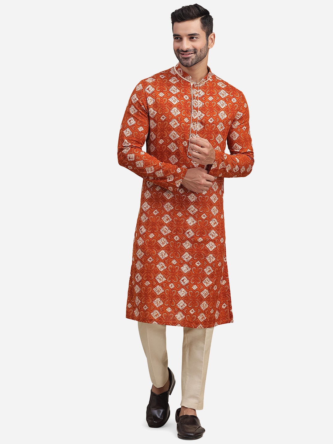 

THE KURTA COMPANY Geometric Printed Mandarin Collar Cotton Straight Kurta, Orange