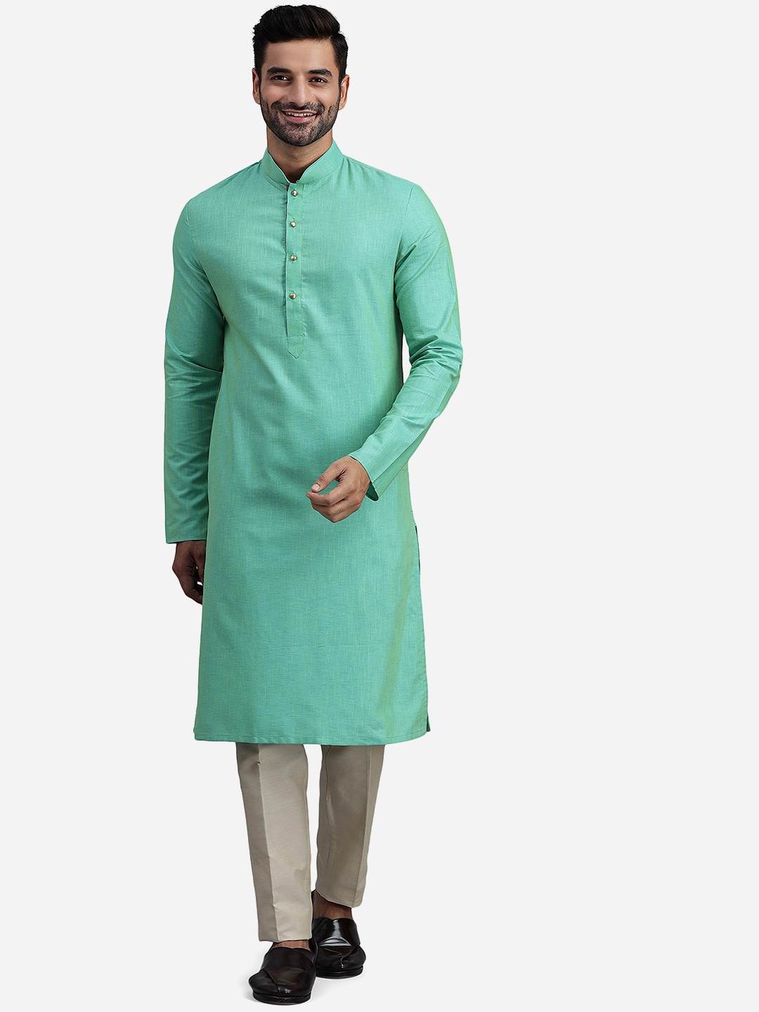 

THE KURTA COMPANY Mandarin Collar Straight Cotton Kurta, Green