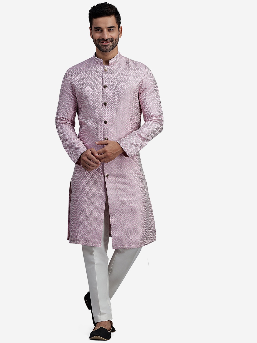 

THE KURTA COMPANY Ethnic Motifs Woven Design Mandarin Collar High Slit Jacquard Kurta, Lavender