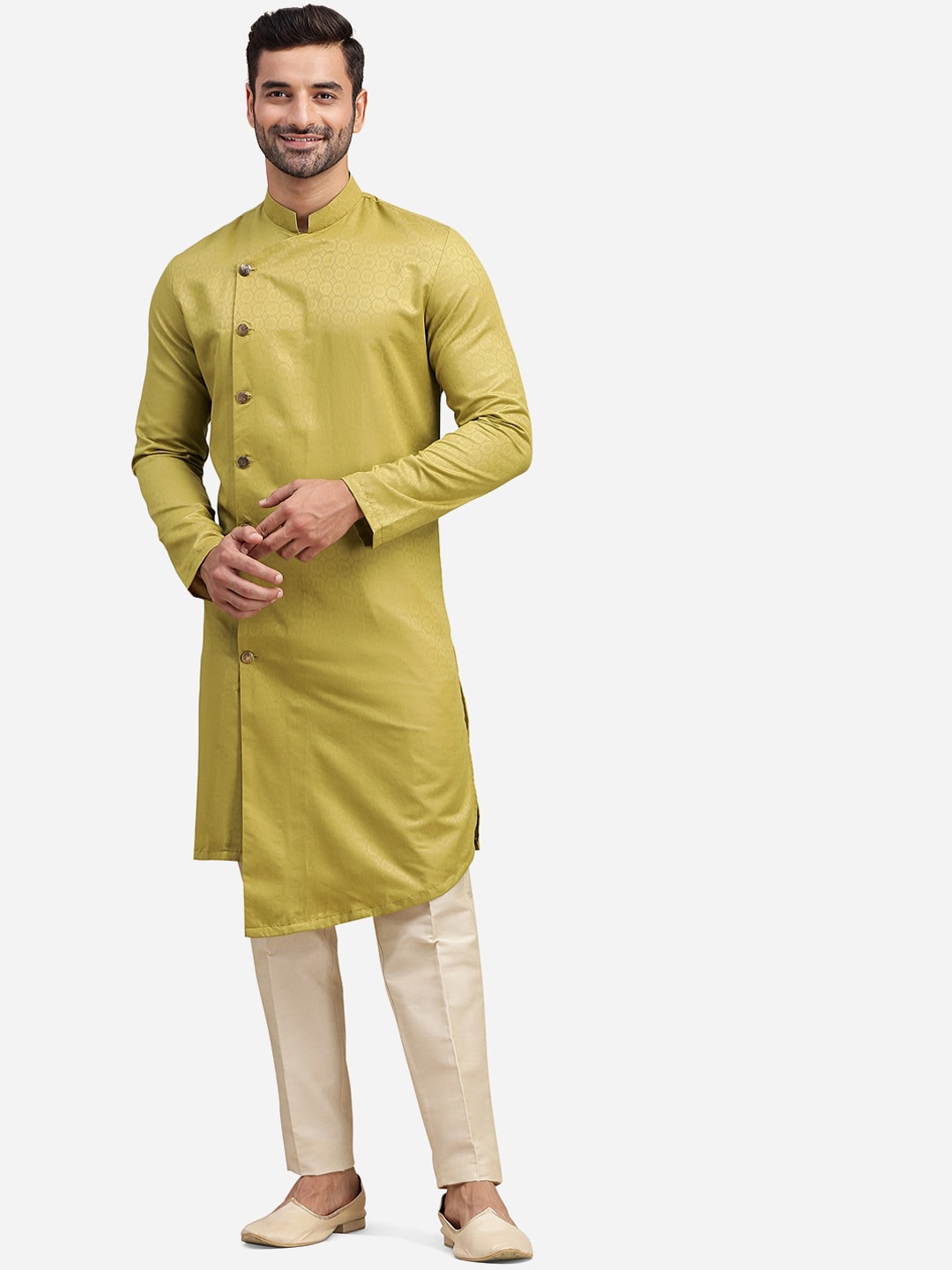 

THE KURTA COMPANY Geometric Woven Design Mandarin Collar Kurta, Green