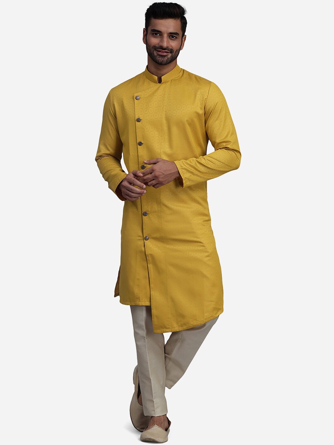 

THE KURTA COMPANY Self Design Mandarin Collar SIlk Kurta, Yellow