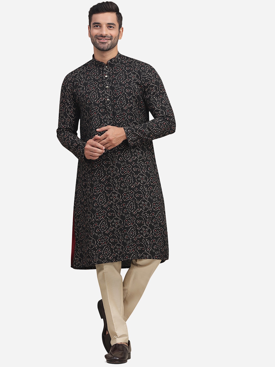 

THE KURTA COMPANY Mandarin Collar Ethnic Motif Printed Cotton Straight Kurta, Black