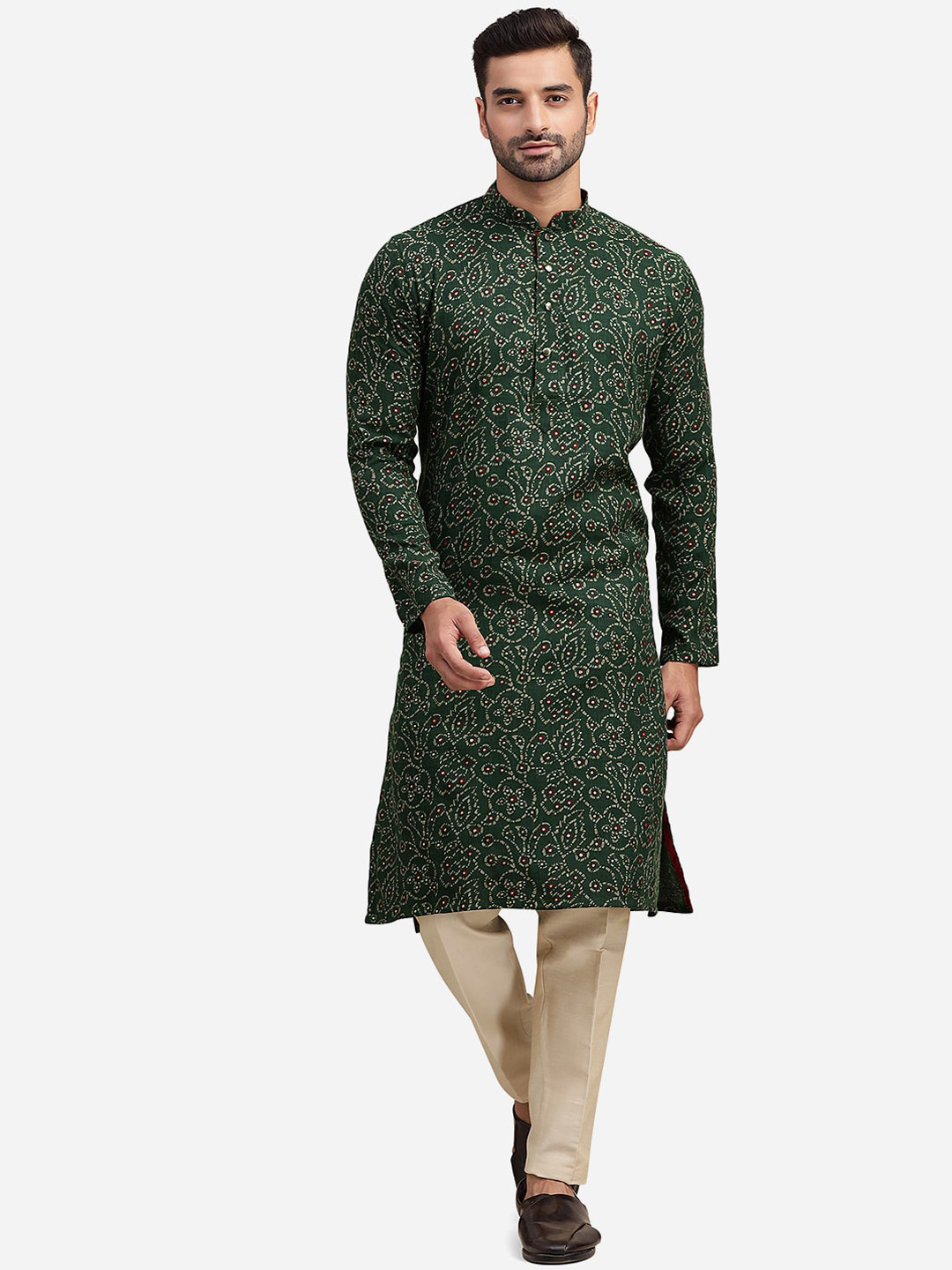 

THE KURTA COMPANY Ethnic Motifs Printed Mandarin Collar Straight Kurta, Green