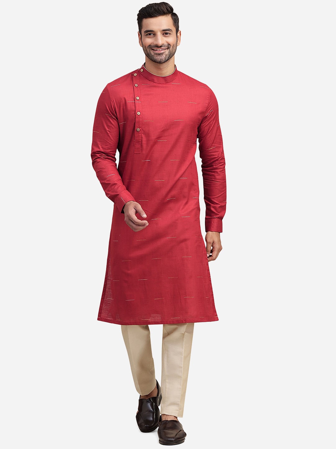 

THE KURTA COMPANY Band Collar Woven Design Cotton Kurta, Orange
