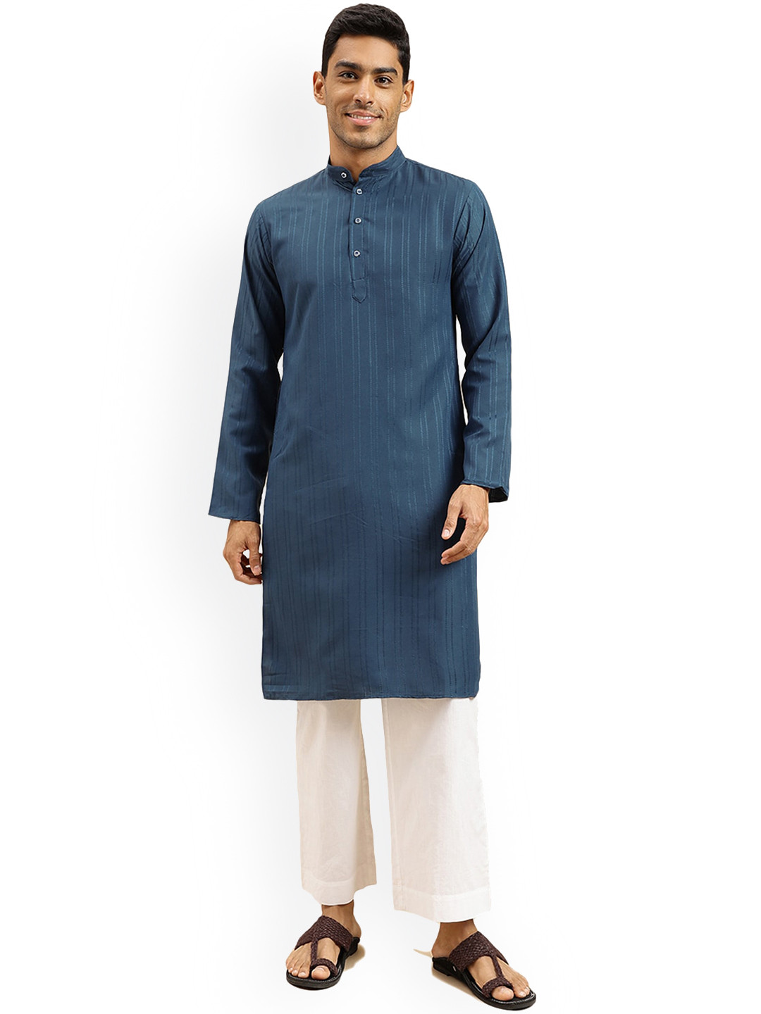 

Nimayaa Striped Band Collar Straight Kurta, Blue
