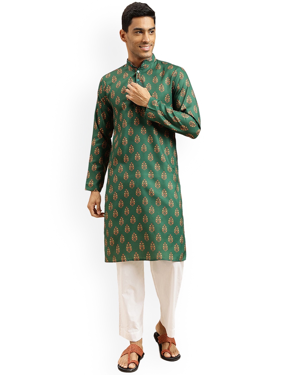 

Nimayaa Ethnic Motifs Printed Band Collar Cotton Straight Kurta, Green