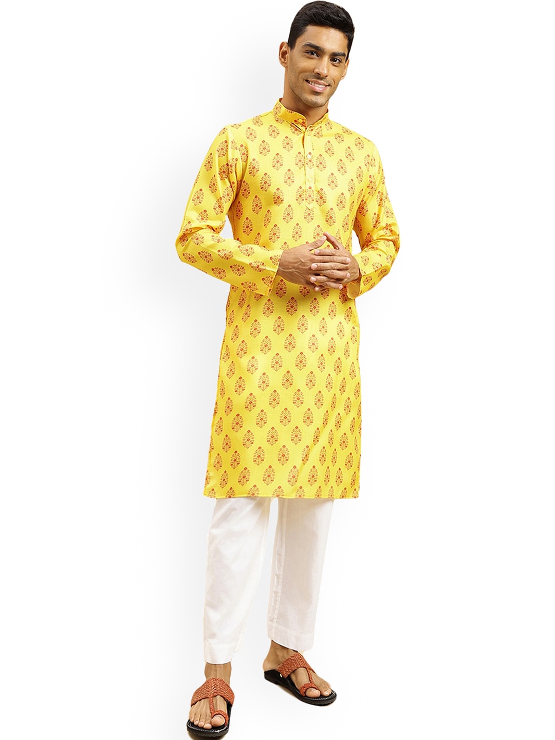 

Nimayaa Ethnic Motifs Printed Band Collar Cotton Straight Kurta, Yellow